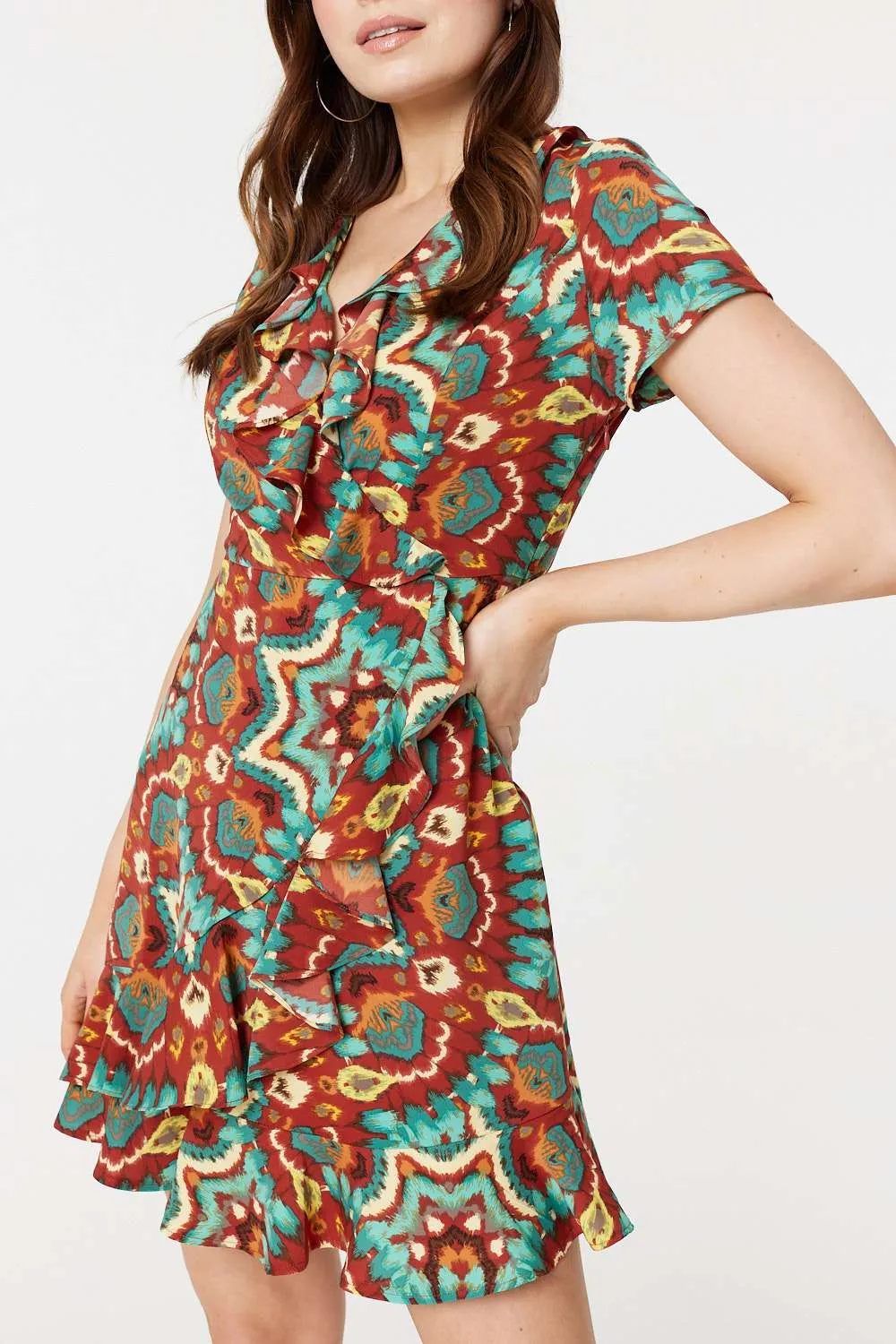 Printed Ruffle Front Wrap Dress