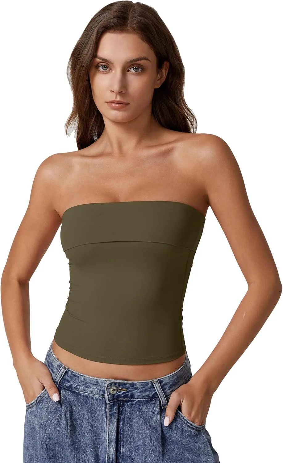 QINSEN Women's Tube Tops Strapless Bandeau Tops Double Lined Slim Fit Summer Going Out Tank Tops