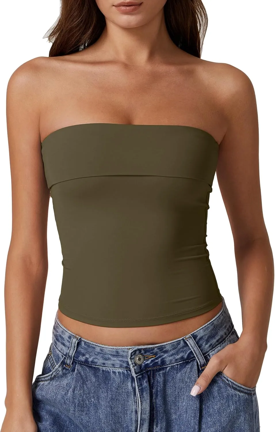 QINSEN Women's Tube Tops Strapless Bandeau Tops Double Lined Slim Fit Summer Going Out Tank Tops