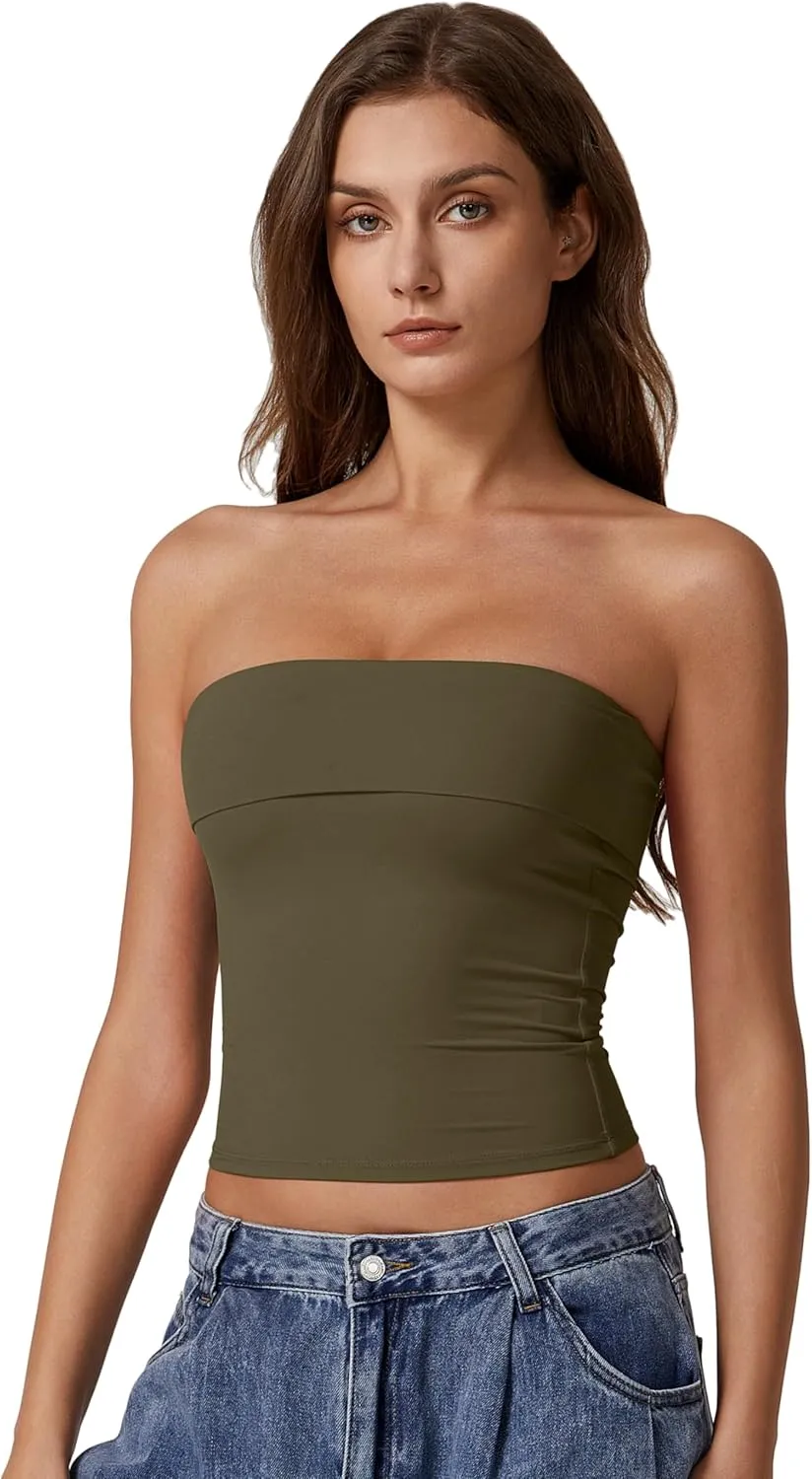 QINSEN Women's Tube Tops Strapless Bandeau Tops Double Lined Slim Fit Summer Going Out Tank Tops