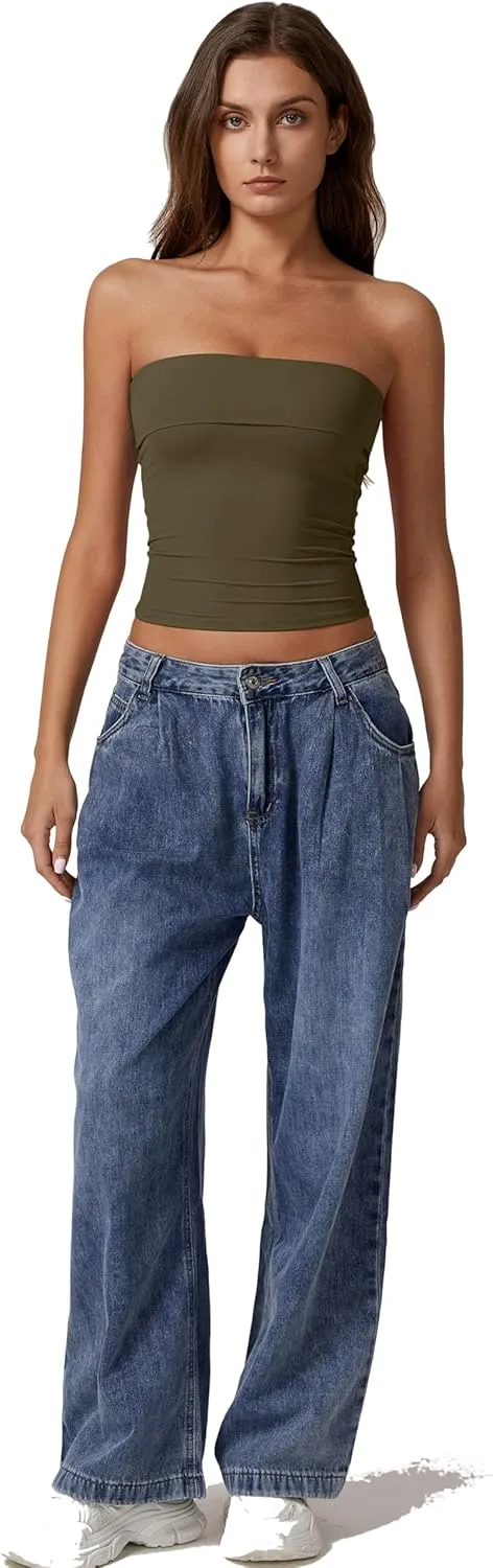 QINSEN Women's Tube Tops Strapless Bandeau Tops Double Lined Slim Fit Summer Going Out Tank Tops