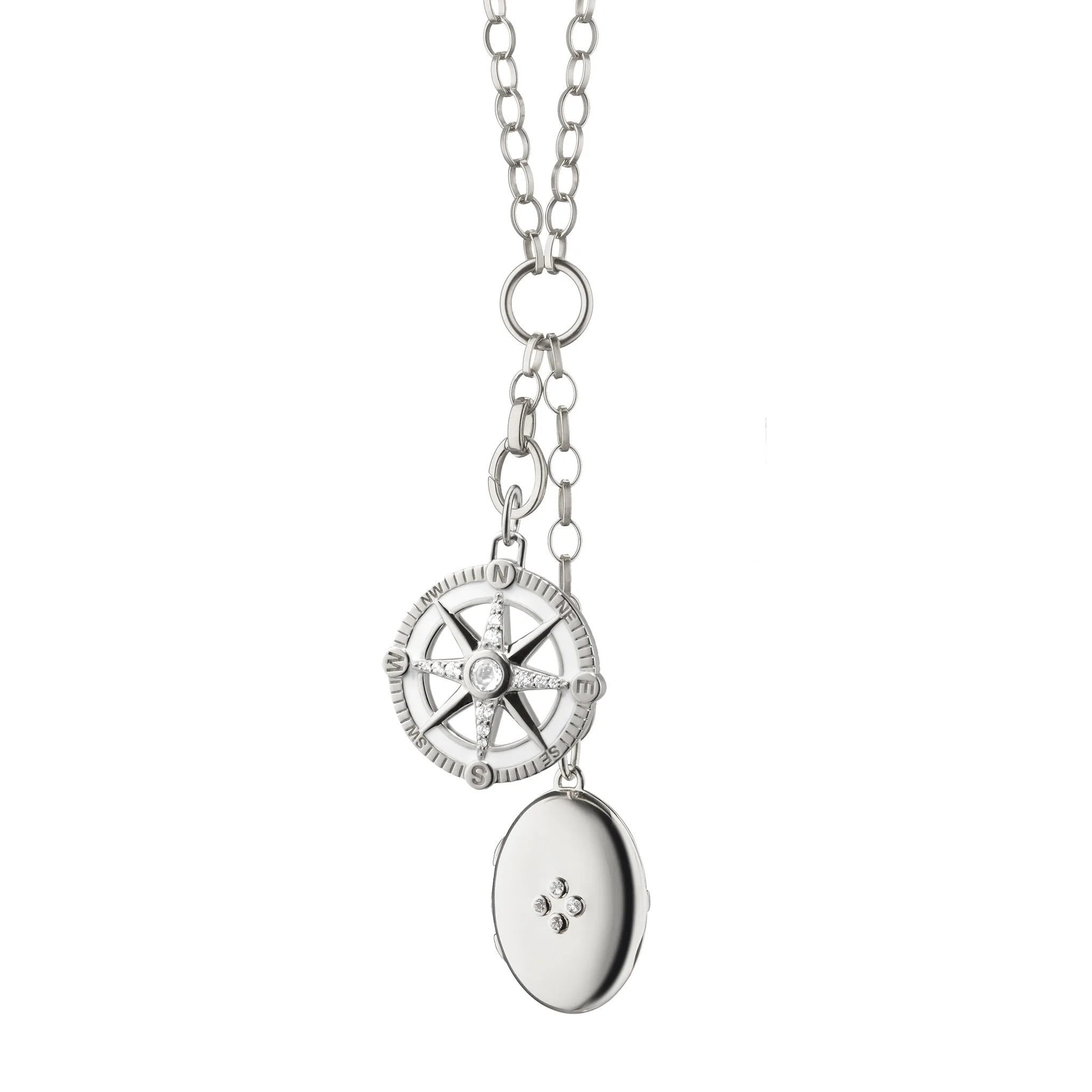Adventure Compass Necklace with White Enamel, Four Midi Sapphires, and Locket Charm