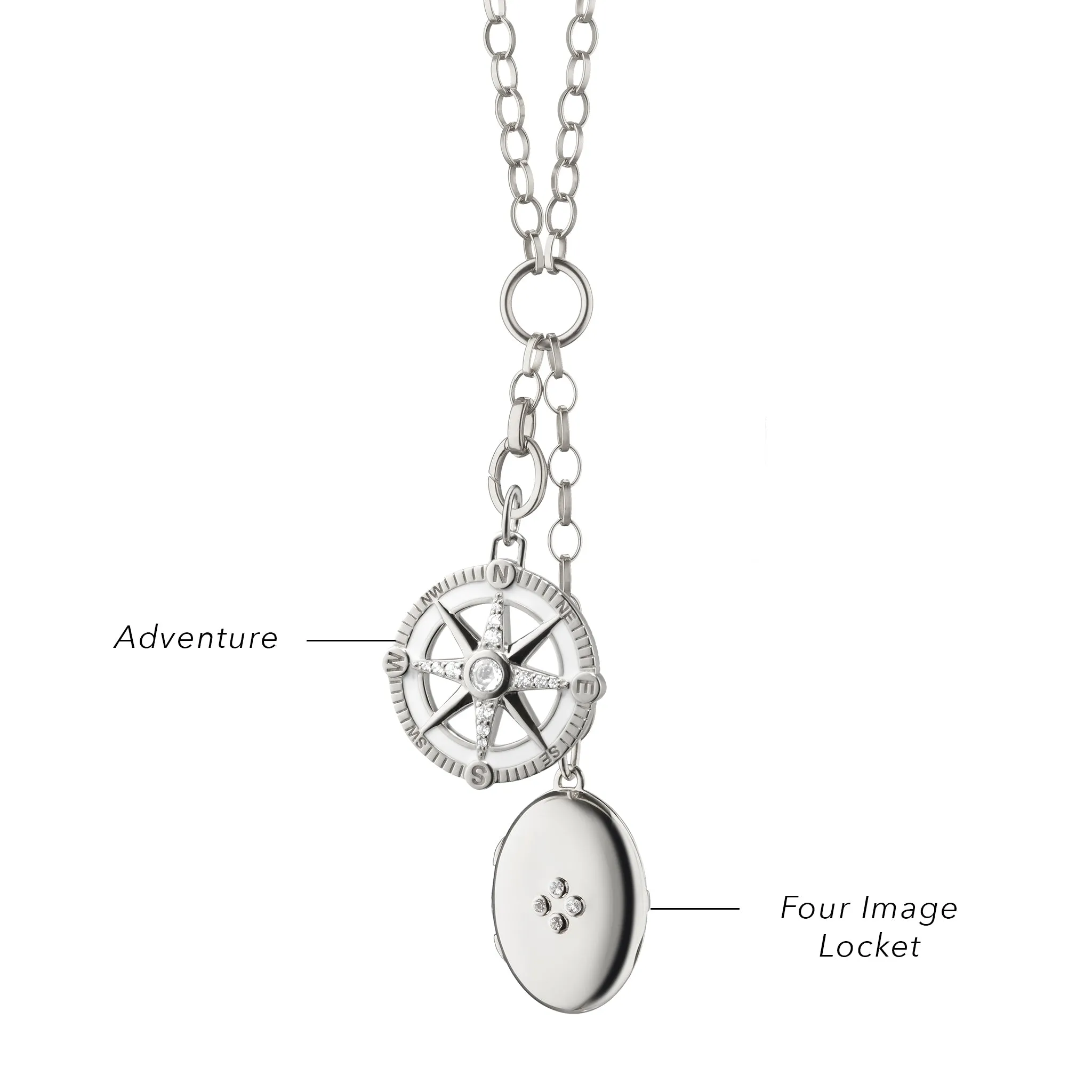 Adventure Compass Necklace with White Enamel, Four Midi Sapphires, and Locket Charm