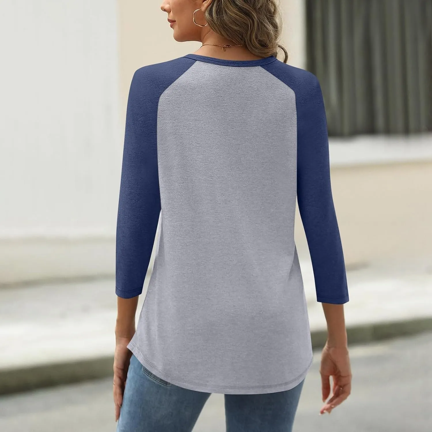 Summer 3/4 Sleeve Tops for Women Button Down Raglan Blouse V Neck Color Block Loose Casual Basic Tees Shirts