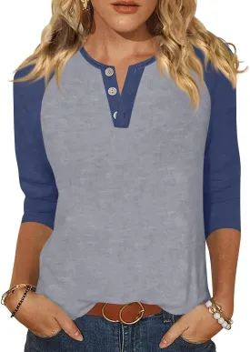Summer 3/4 Sleeve Tops for Women Button Down Raglan Blouse V Neck Color Block Loose Casual Basic Tees Shirts