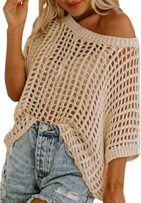 Summer Crochet Tops for Women Loose Off The Shoulder Shirts Hollow Out Knit Short Sleeve Sweater Top Beach Coverup