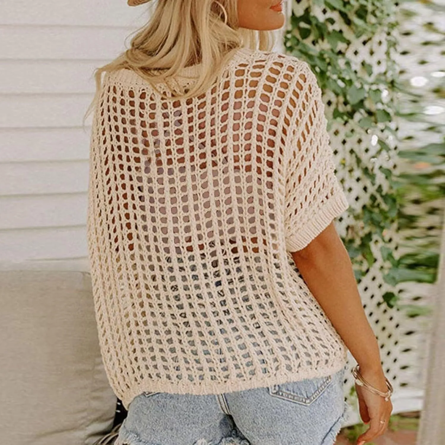 Summer Crochet Tops for Women Loose Off The Shoulder Shirts Hollow Out Knit Short Sleeve Sweater Top Beach Coverup