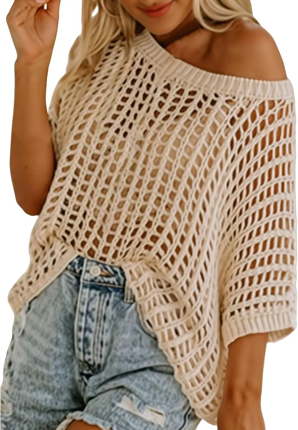 Summer Crochet Tops for Women Loose Off The Shoulder Shirts Hollow Out Knit Short Sleeve Sweater Top Beach Coverup