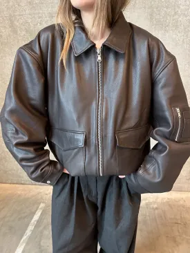TANIS LEATHER BOMBER - BROWN