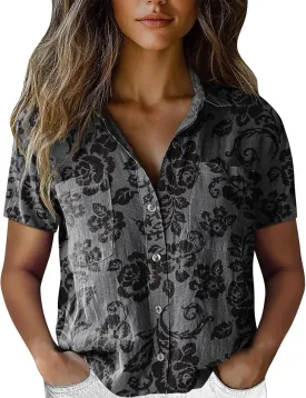 Vintage Boho Tops for Women Floral Print Button Down Shirt Casual Short Sleeve Lightweight Fashion Linen Blouses