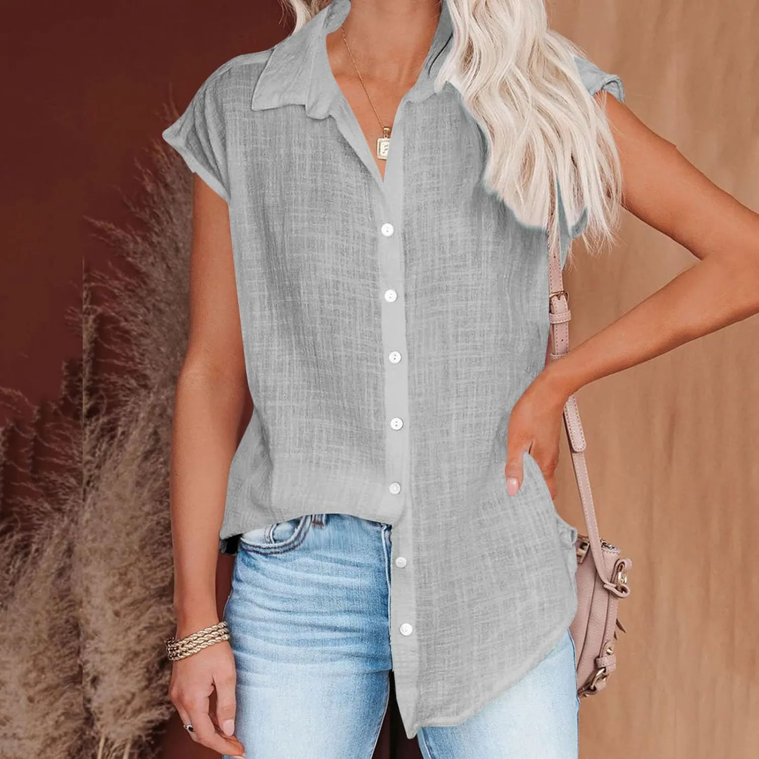 Women Cotton Linen Shirts 2025 V Neck Half Button Down Blouse Casual Cap Sleeve Tops Summer Work Vacation Clothes