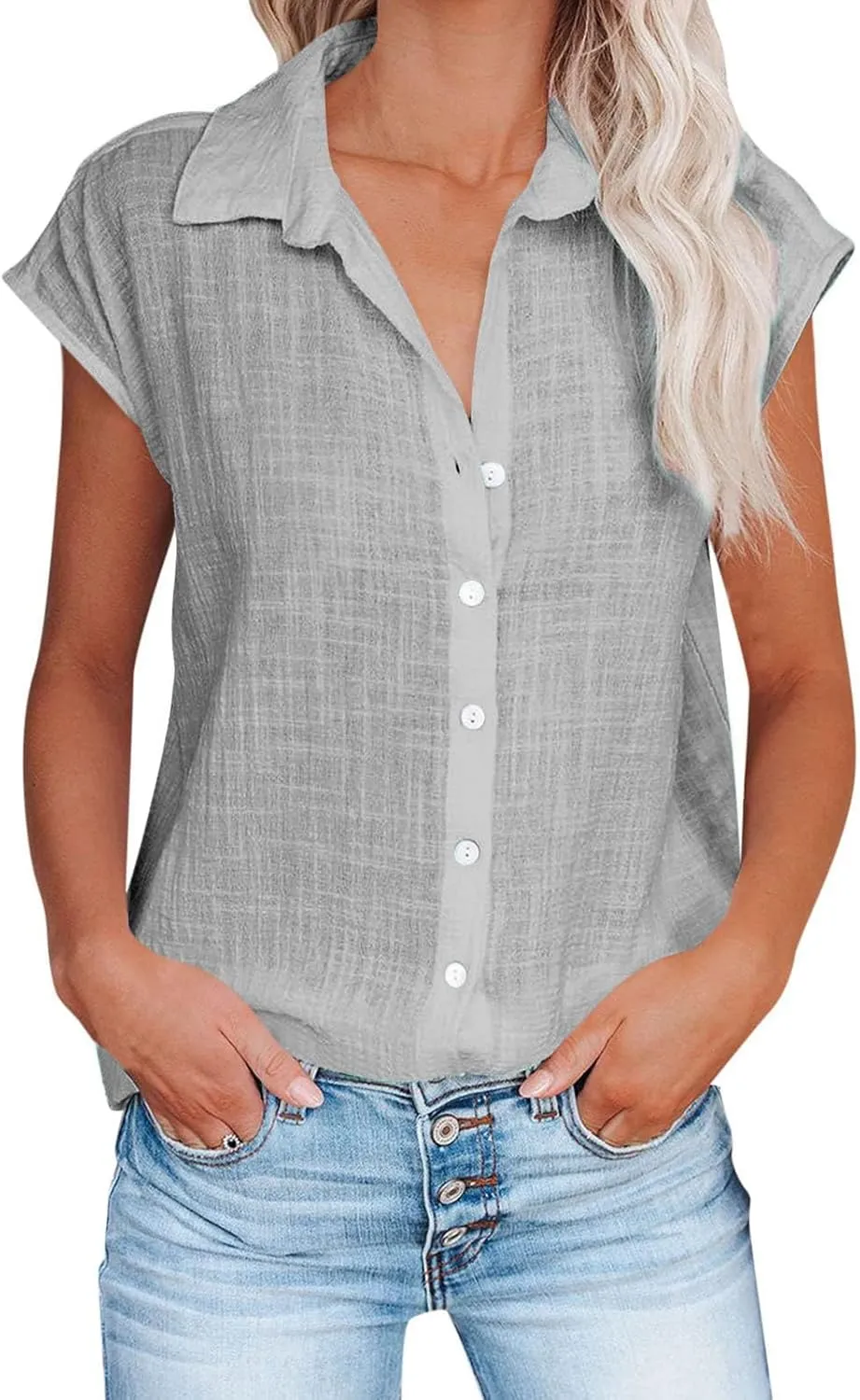 Women Cotton Linen Shirts 2025 V Neck Half Button Down Blouse Casual Cap Sleeve Tops Summer Work Vacation Clothes