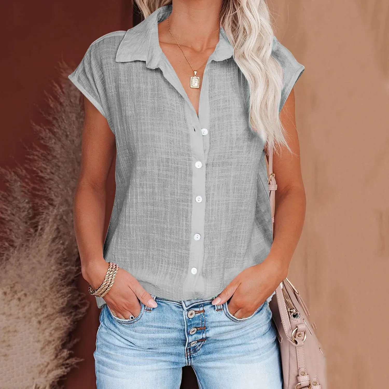 Women Cotton Linen Shirts 2025 V Neck Half Button Down Blouse Casual Cap Sleeve Tops Summer Work Vacation Clothes