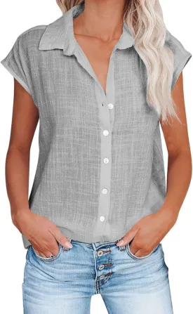 Women Cotton Linen Shirts 2025 V Neck Half Button Down Blouse Casual Cap Sleeve Tops Summer Work Vacation Clothes