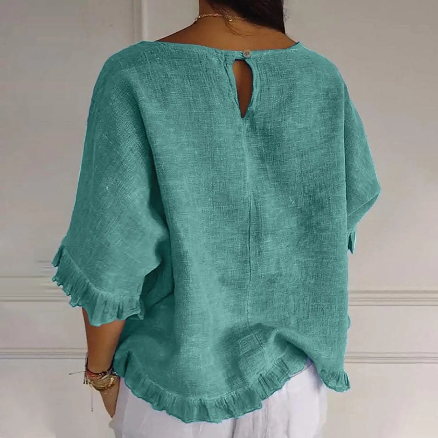 Women Round Neck Ruffled Hem Sleeve Shirts Cotton and Linen Top, Casual Short Sleeve Blouses Linen Tops for Women