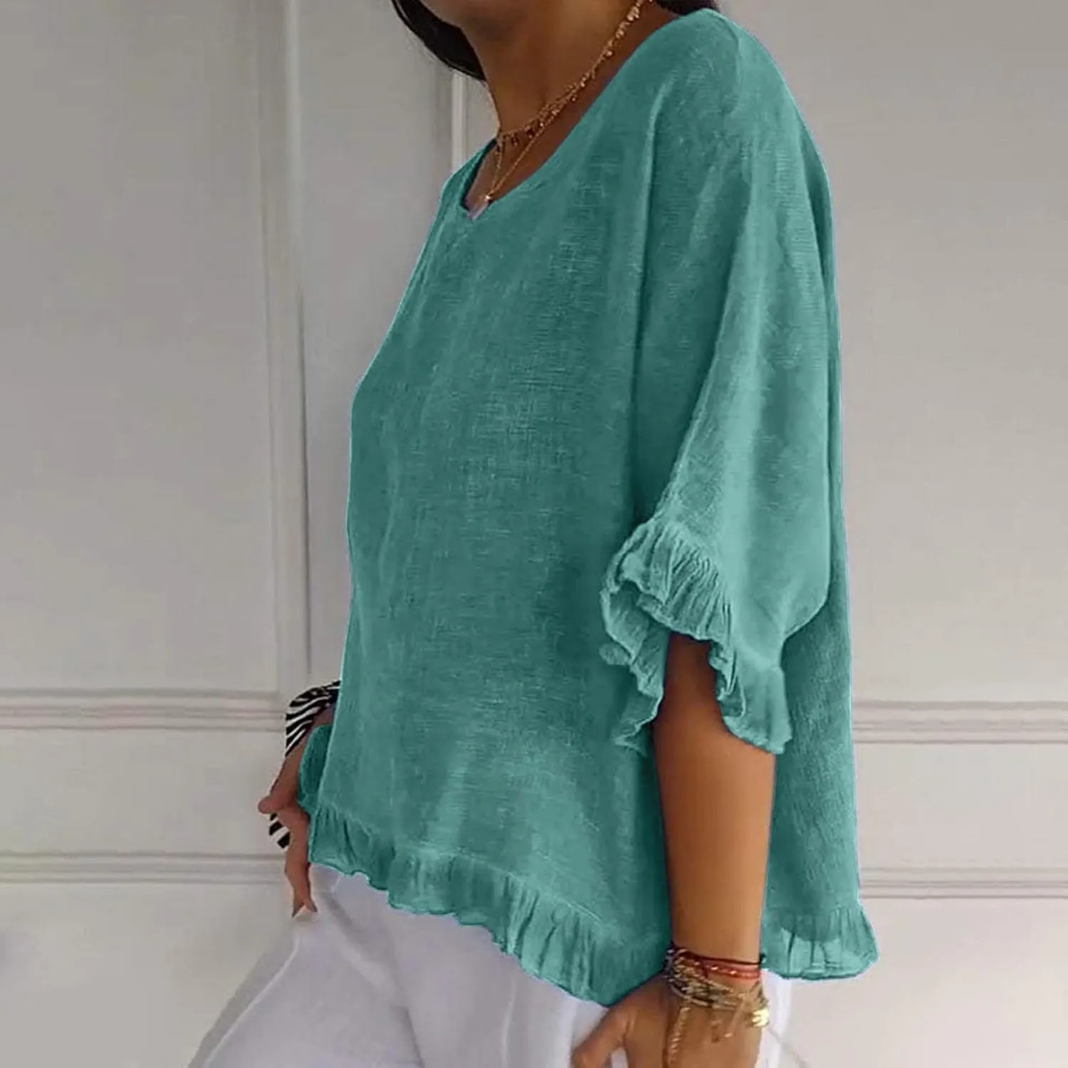 Women Round Neck Ruffled Hem Sleeve Shirts Cotton and Linen Top, Casual Short Sleeve Blouses Linen Tops for Women