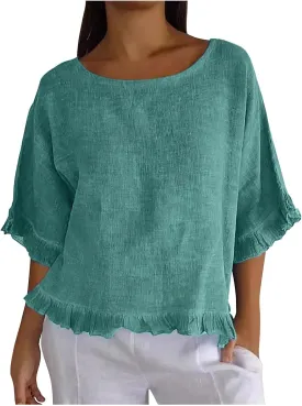Women Round Neck Ruffled Hem Sleeve Shirts Cotton and Linen Top, Casual Short Sleeve Blouses Linen Tops for Women