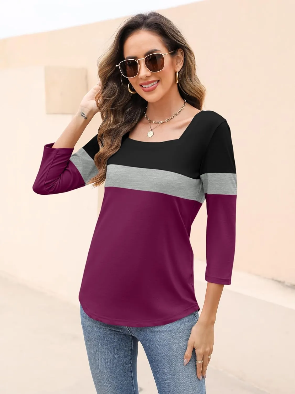 Womens 3/4 Sleeve Square Neck Tops Casual Summer Tops Trendy Womens T Shirts Ladies Tops