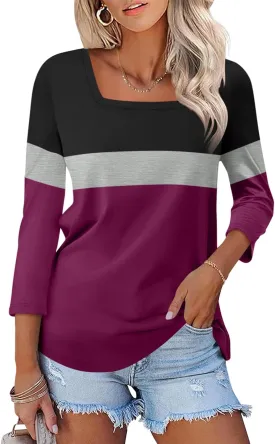 Womens 3/4 Sleeve Square Neck Tops Casual Summer Tops Trendy Womens T Shirts Ladies Tops