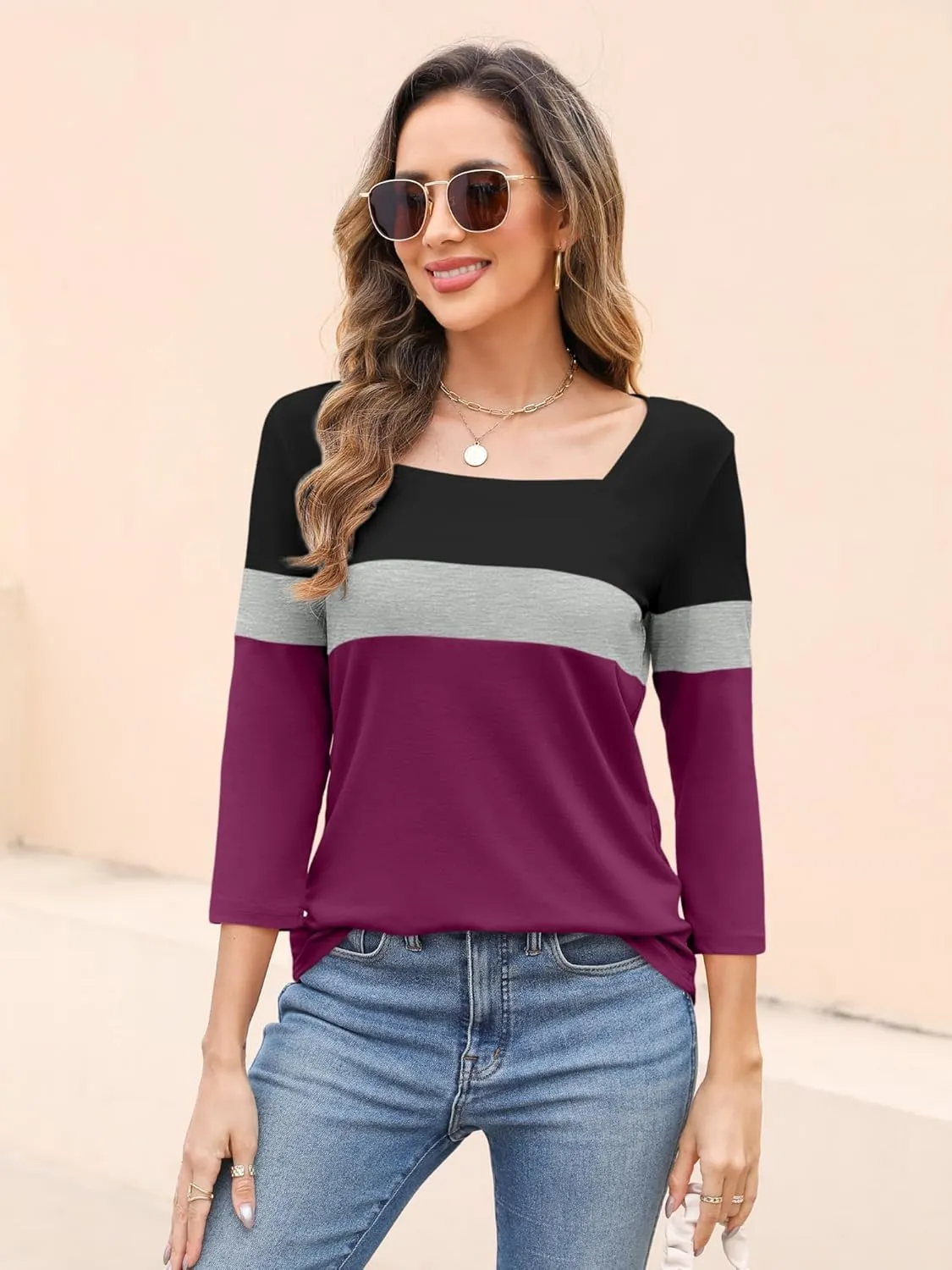 Womens 3/4 Sleeve Square Neck Tops Casual Summer Tops Trendy Womens T Shirts Ladies Tops