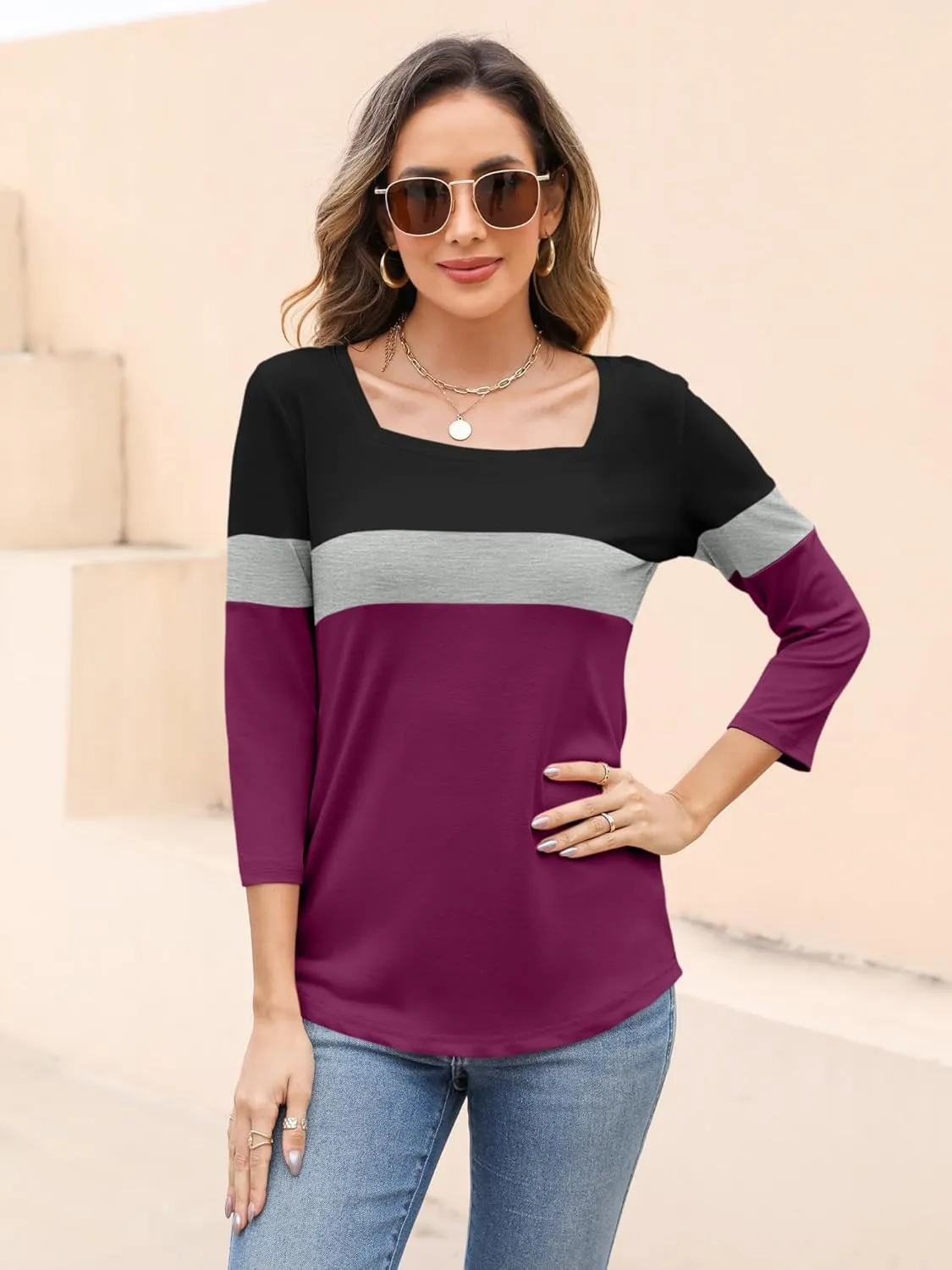 Womens 3/4 Sleeve Square Neck Tops Casual Summer Tops Trendy Womens T Shirts Ladies Tops