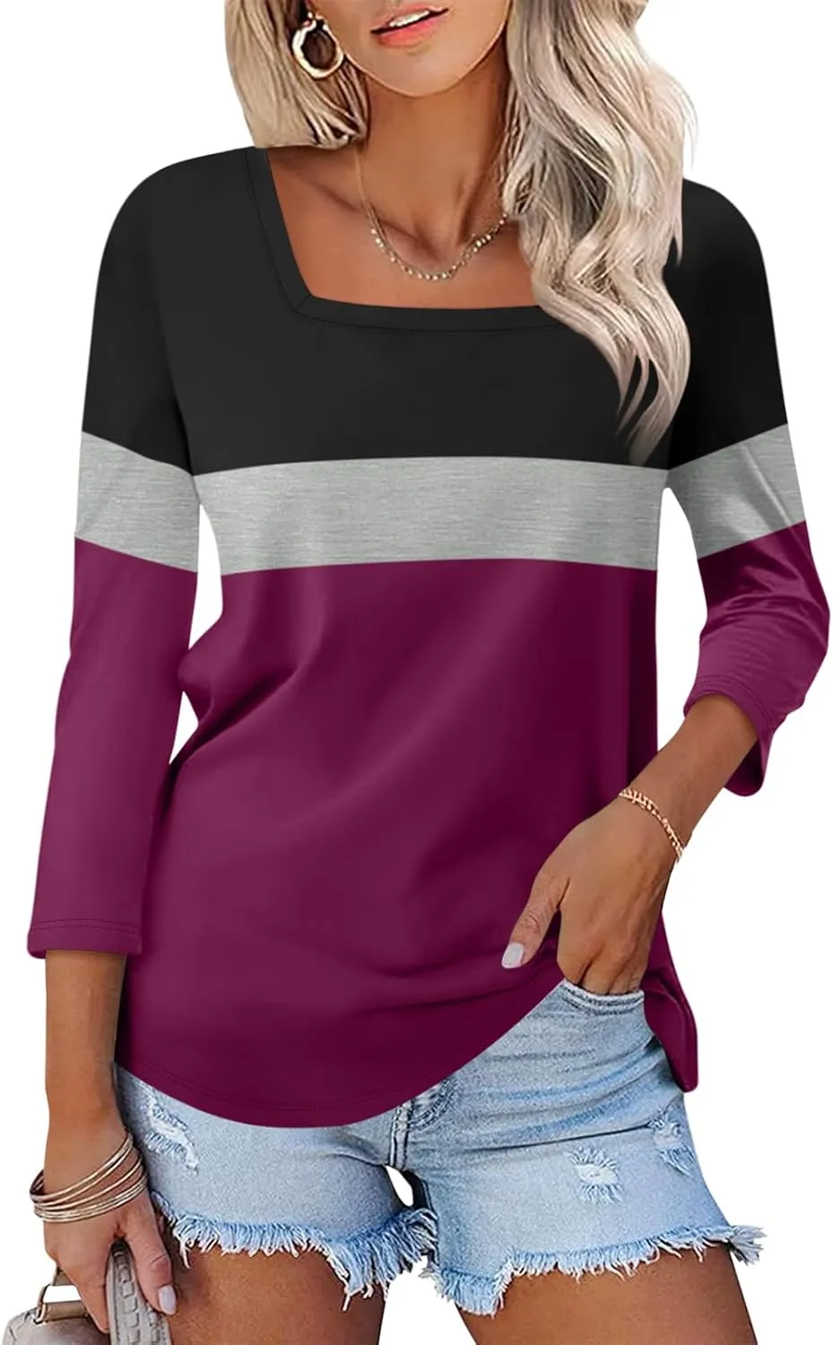 Womens 3/4 Sleeve Square Neck Tops Casual Summer Tops Trendy Womens T Shirts Ladies Tops