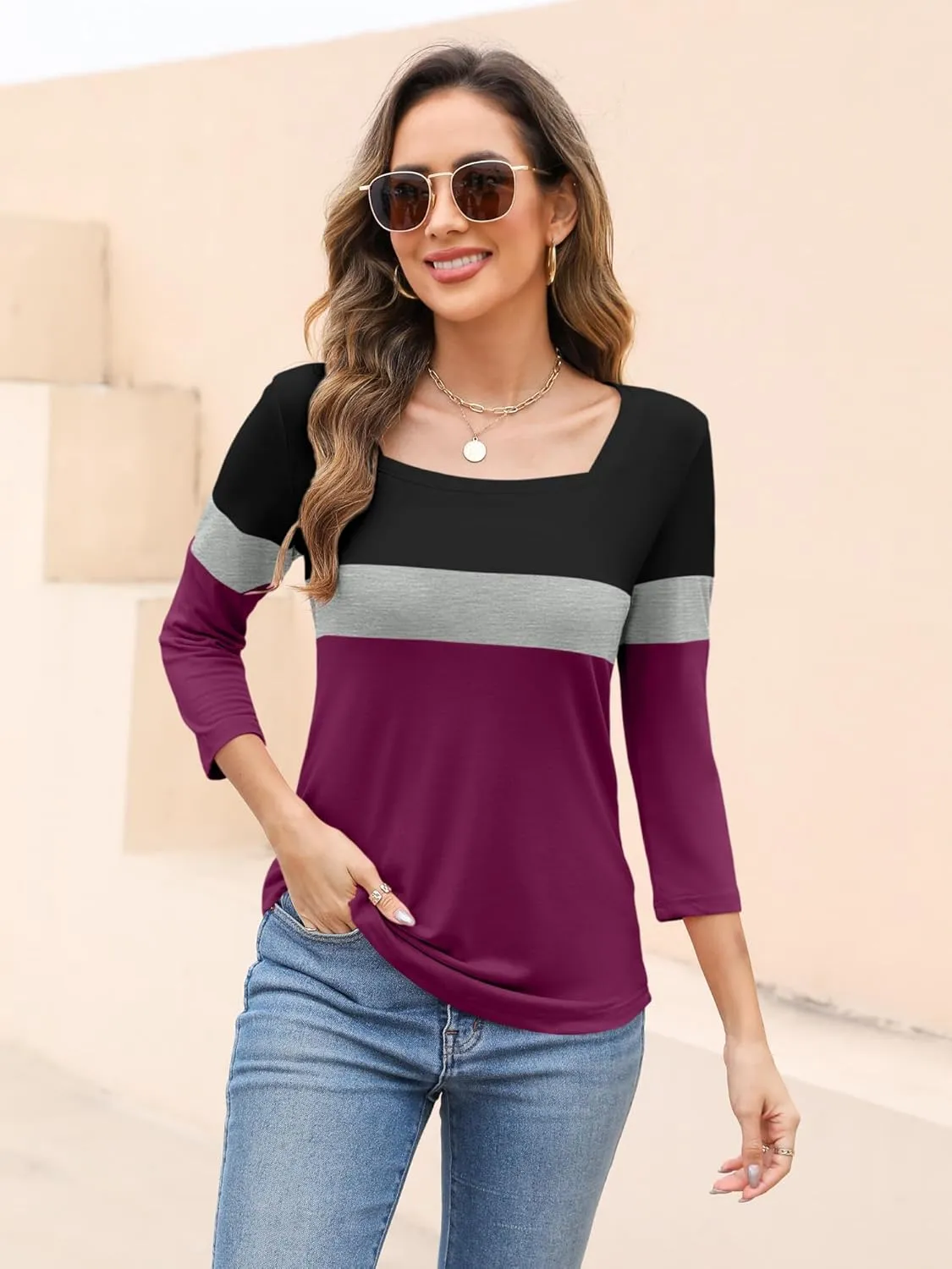 Womens 3/4 Sleeve Square Neck Tops Casual Summer Tops Trendy Womens T Shirts Ladies Tops