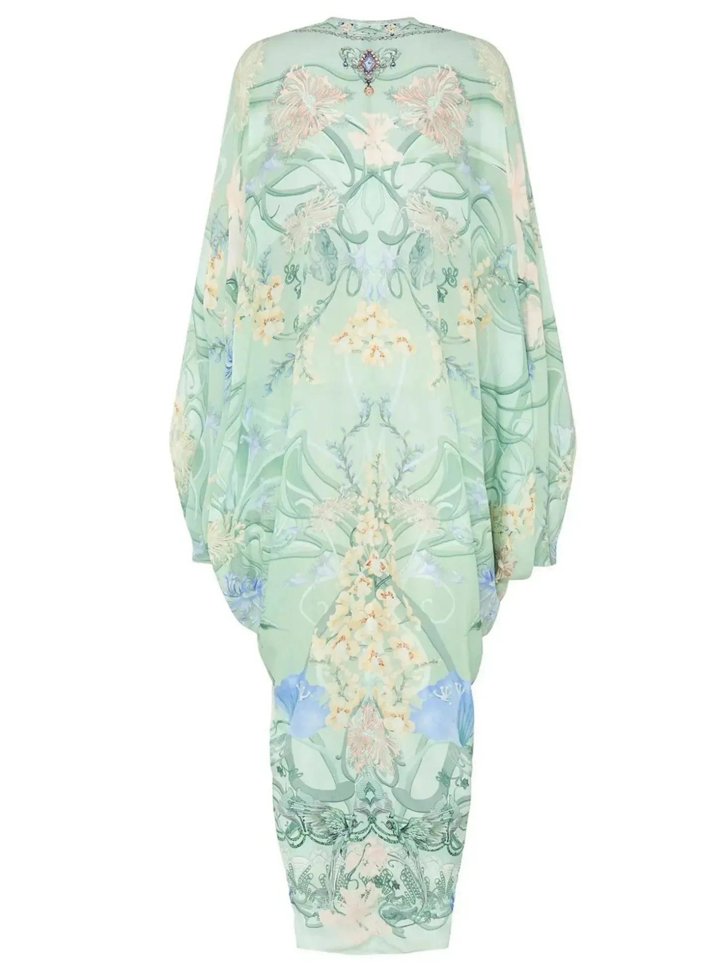 Women’s Batwing-Sleeve Draped Print V-Neck Silk Kaftan in Mint