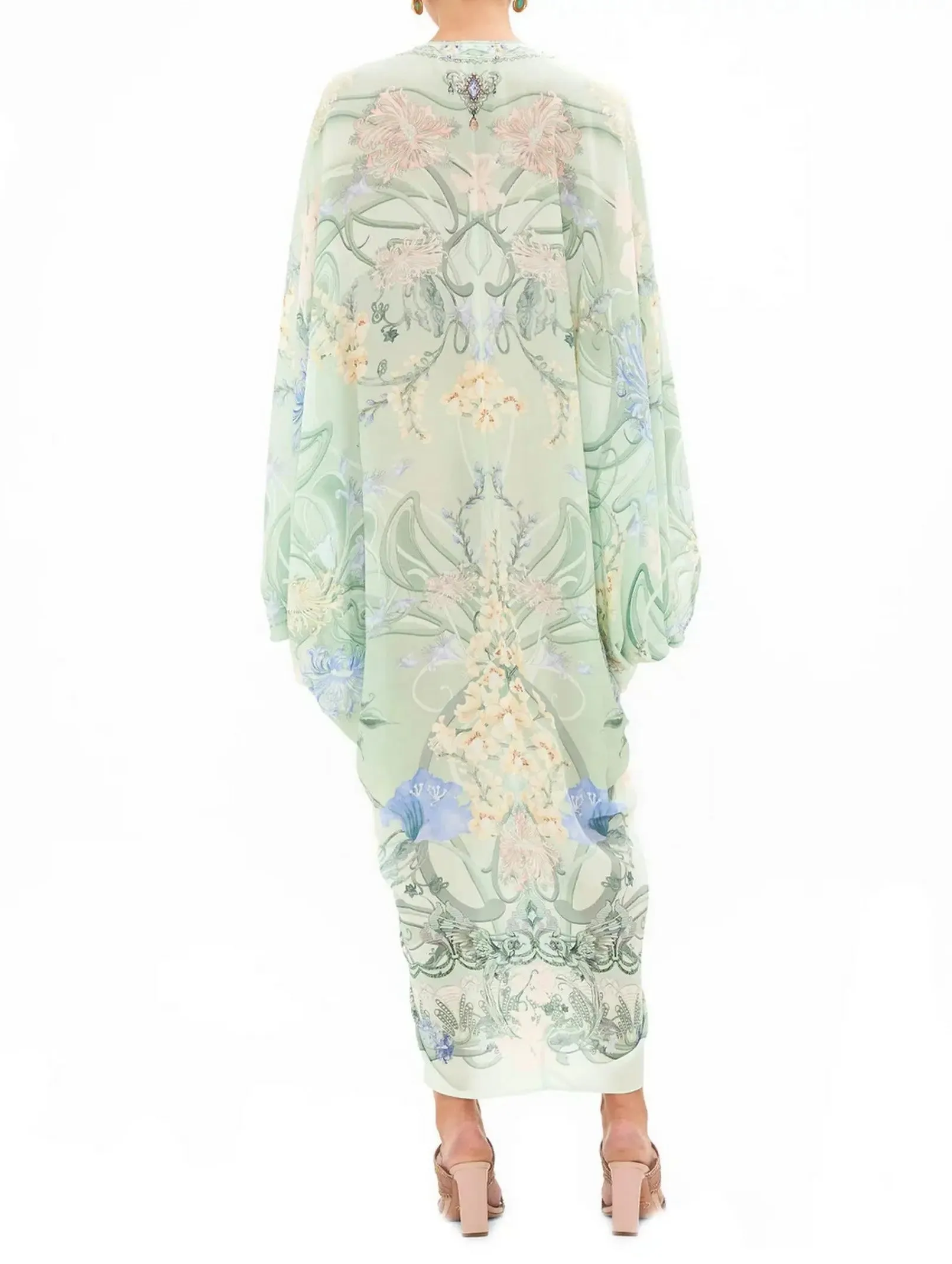 Women’s Batwing-Sleeve Draped Print V-Neck Silk Kaftan in Mint