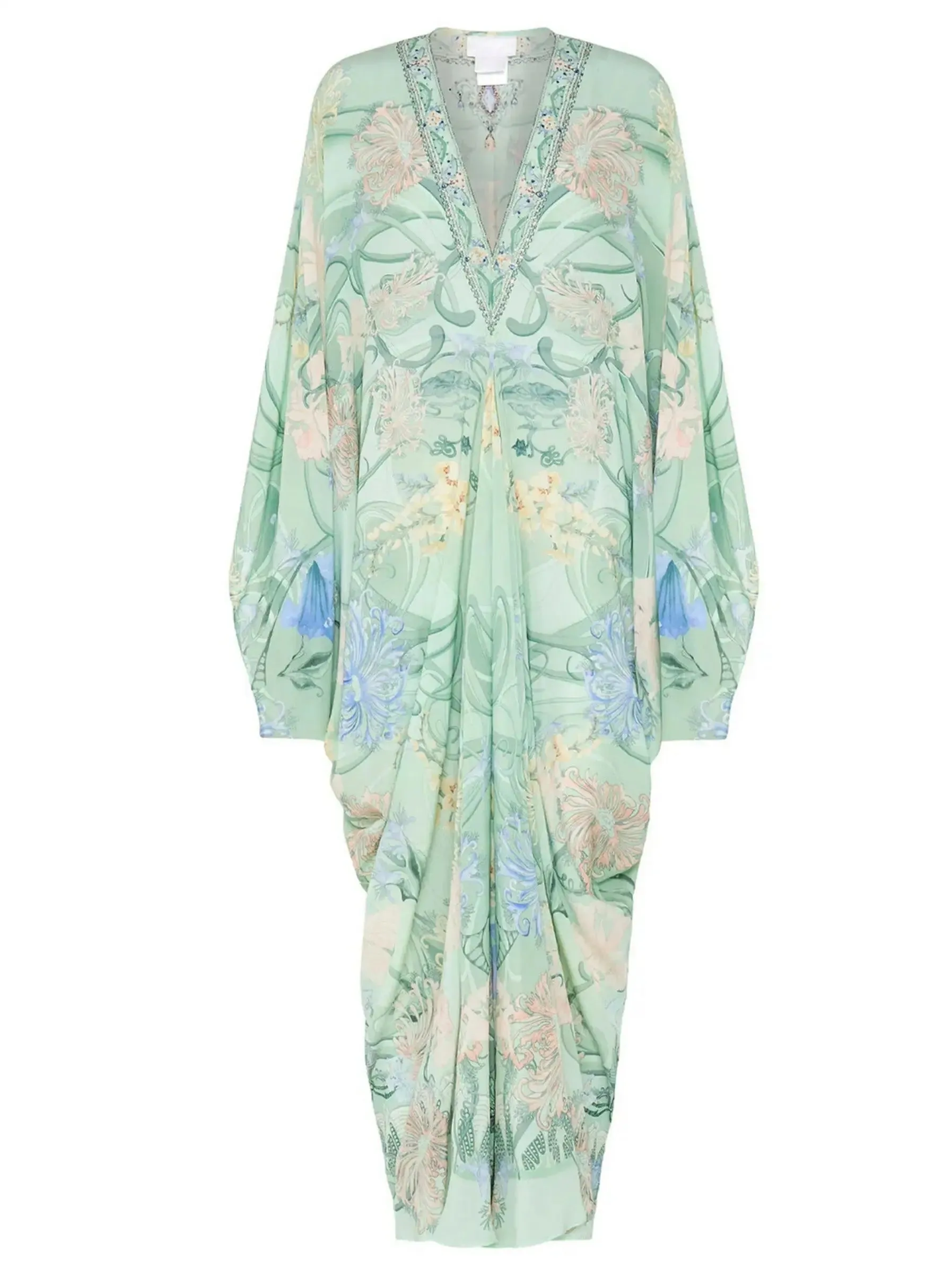 Women’s Batwing-Sleeve Draped Print V-Neck Silk Kaftan in Mint