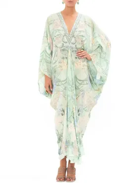 Women’s Batwing-Sleeve Draped Print V-Neck Silk Kaftan in Mint