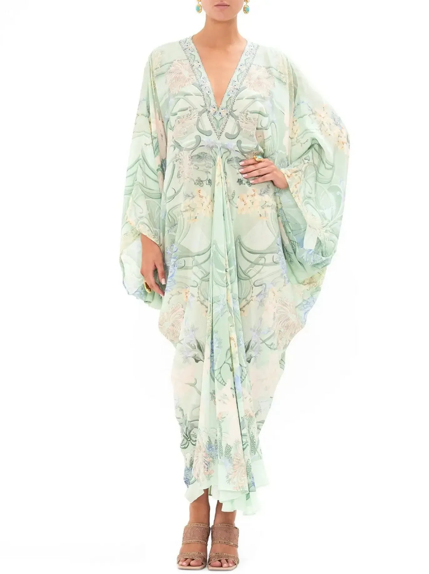 Women’s Batwing-Sleeve Draped Print V-Neck Silk Kaftan in Mint