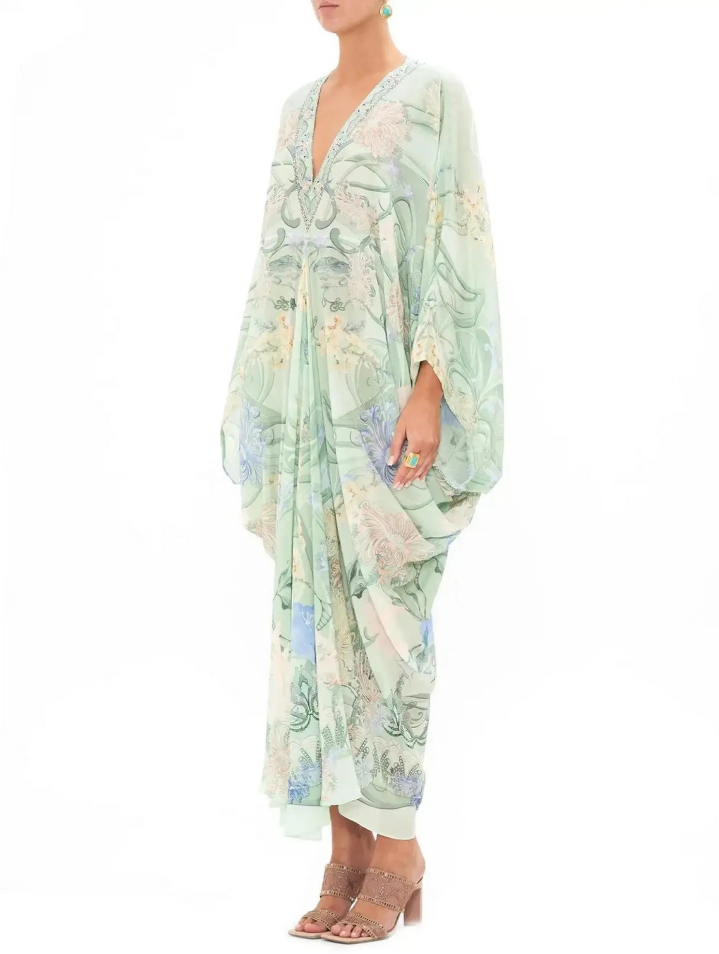 Women’s Batwing-Sleeve Draped Print V-Neck Silk Kaftan in Mint