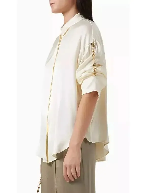 Women’s Chain-Sleeve Satin Shirt, Ivory