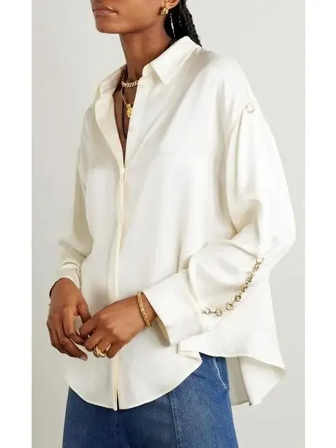 Women’s Chain-Sleeve Satin Shirt, Ivory