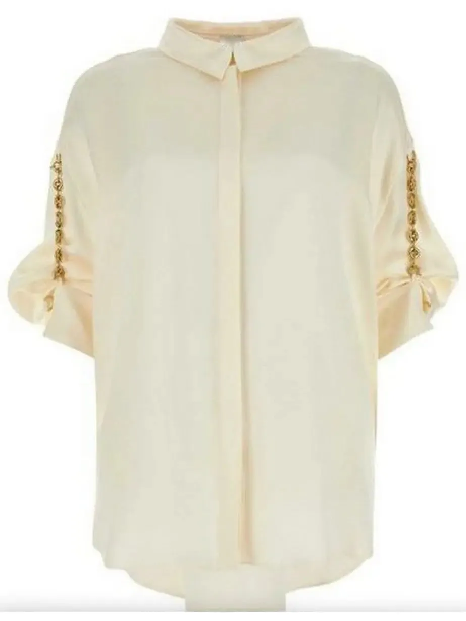 Women’s Chain-Sleeve Satin Shirt, Ivory