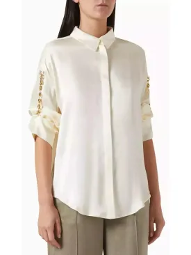 Women’s Chain-Sleeve Satin Shirt, Ivory