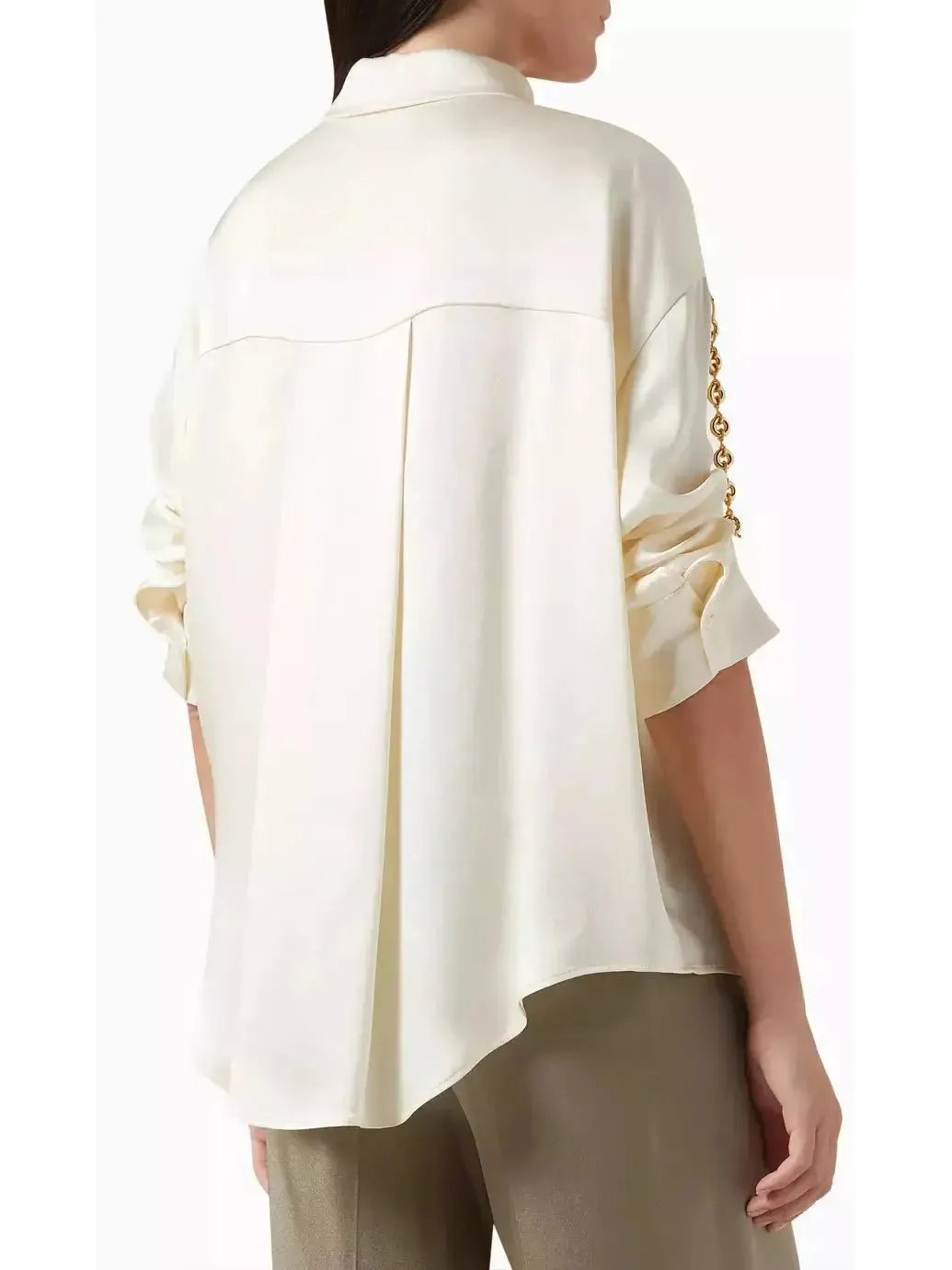 Women’s Chain-Sleeve Satin Shirt, Ivory