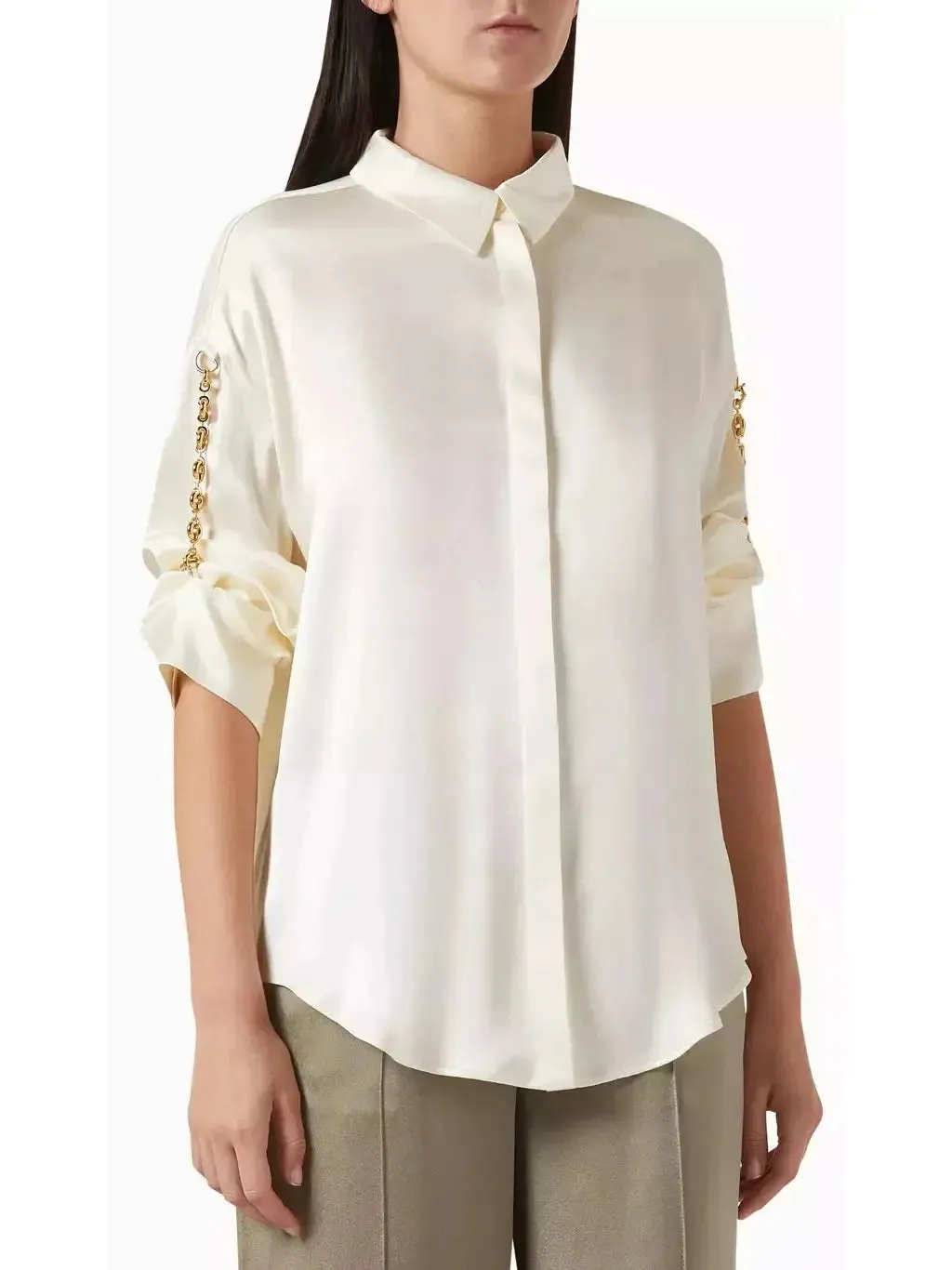 Women’s Chain-Sleeve Satin Shirt, Ivory