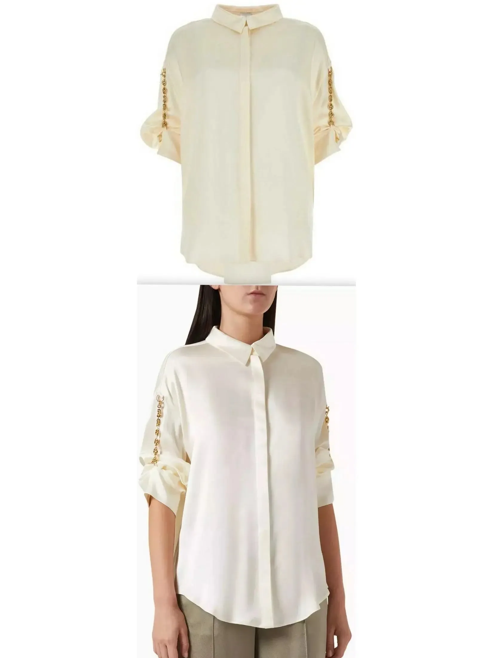 Women’s Chain-Sleeve Satin Shirt, Ivory