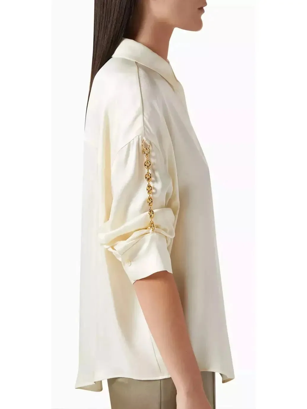 Women’s Chain-Sleeve Satin Shirt, Ivory