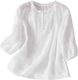 Women's Cotton Linen Button Short Sleeve Shirts Summer Loose Crew Neck Casual Boho Top Vintage Embroidered Blouse Tops