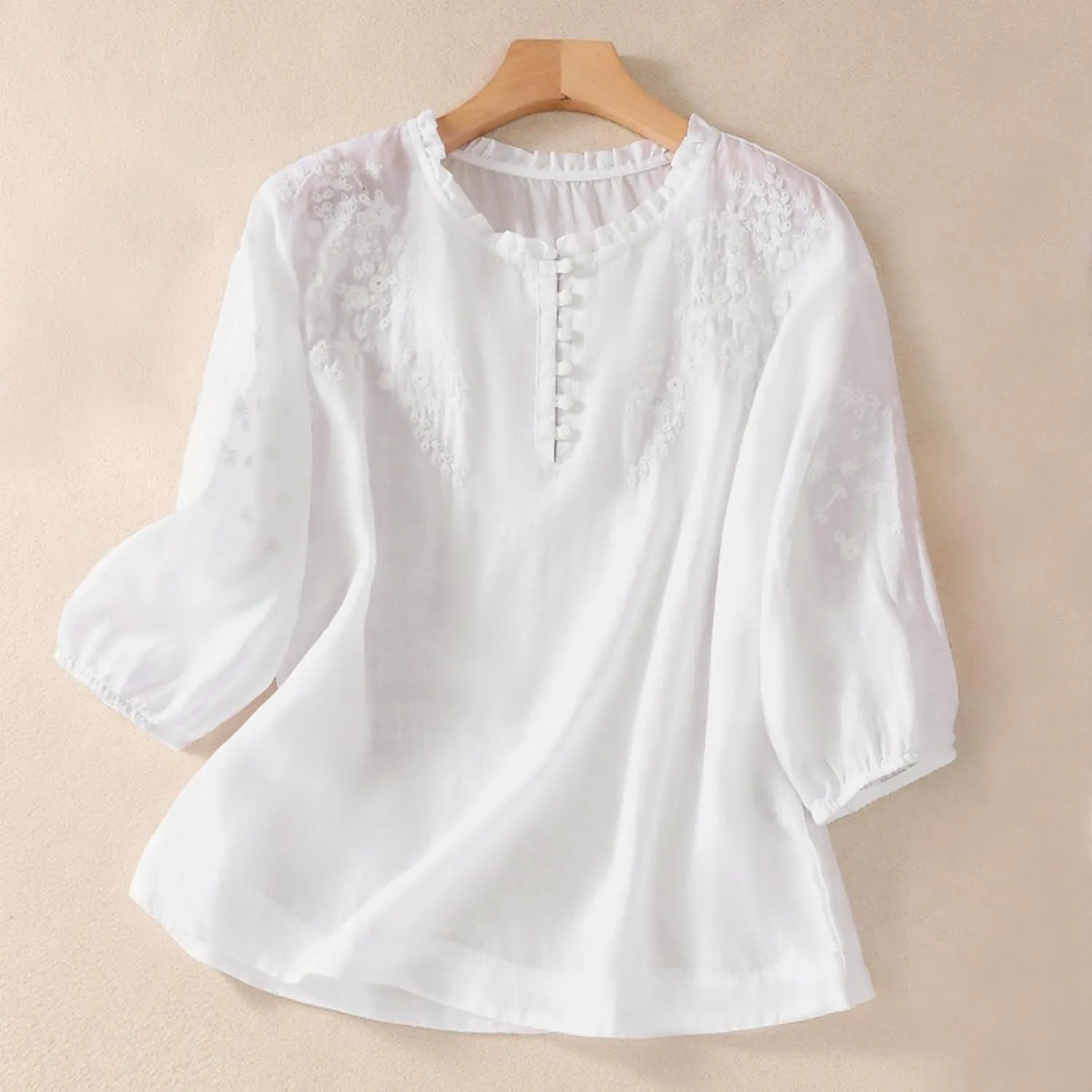 Women's Cotton Linen Button Short Sleeve Shirts Summer Loose Crew Neck Casual Boho Top Vintage Embroidered Blouse Tops