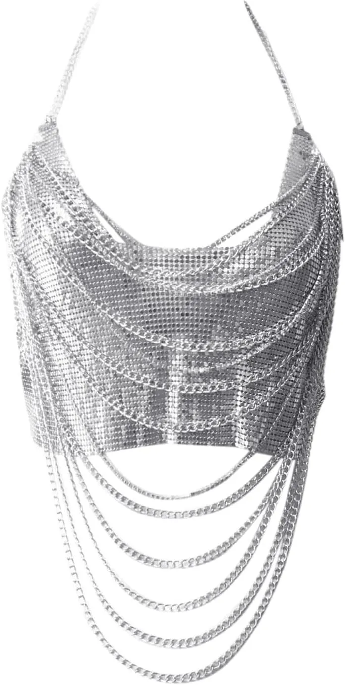 Women's Metallic Chain Rhinestone 2025 Tank Top Glitter Sparkly Club Sequin Sleeveless Summer Shirts Sparkle Cropped
