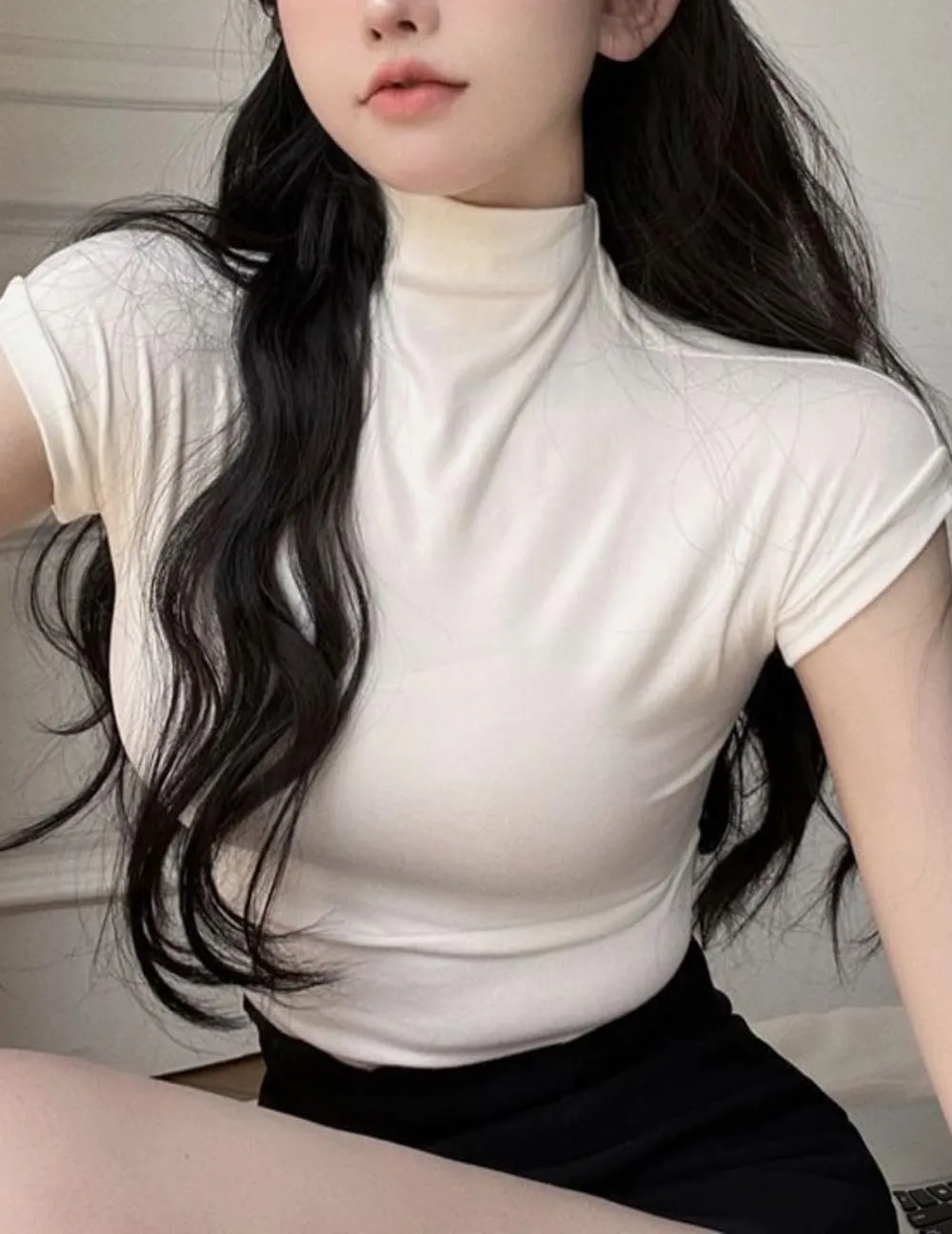 Womens Short Sleeve Knit Mock Neck Slim Fitted Ruched Basic Tees Tee Shirt S-L