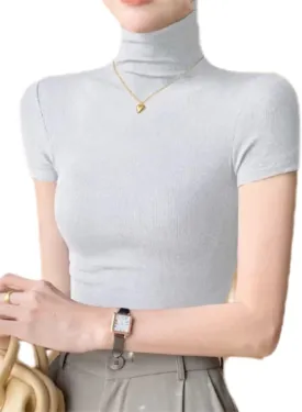 Womens Short Sleeve Knit Mock Neck Slim Fitted Ruched Basic Tees Tee Shirt S-L