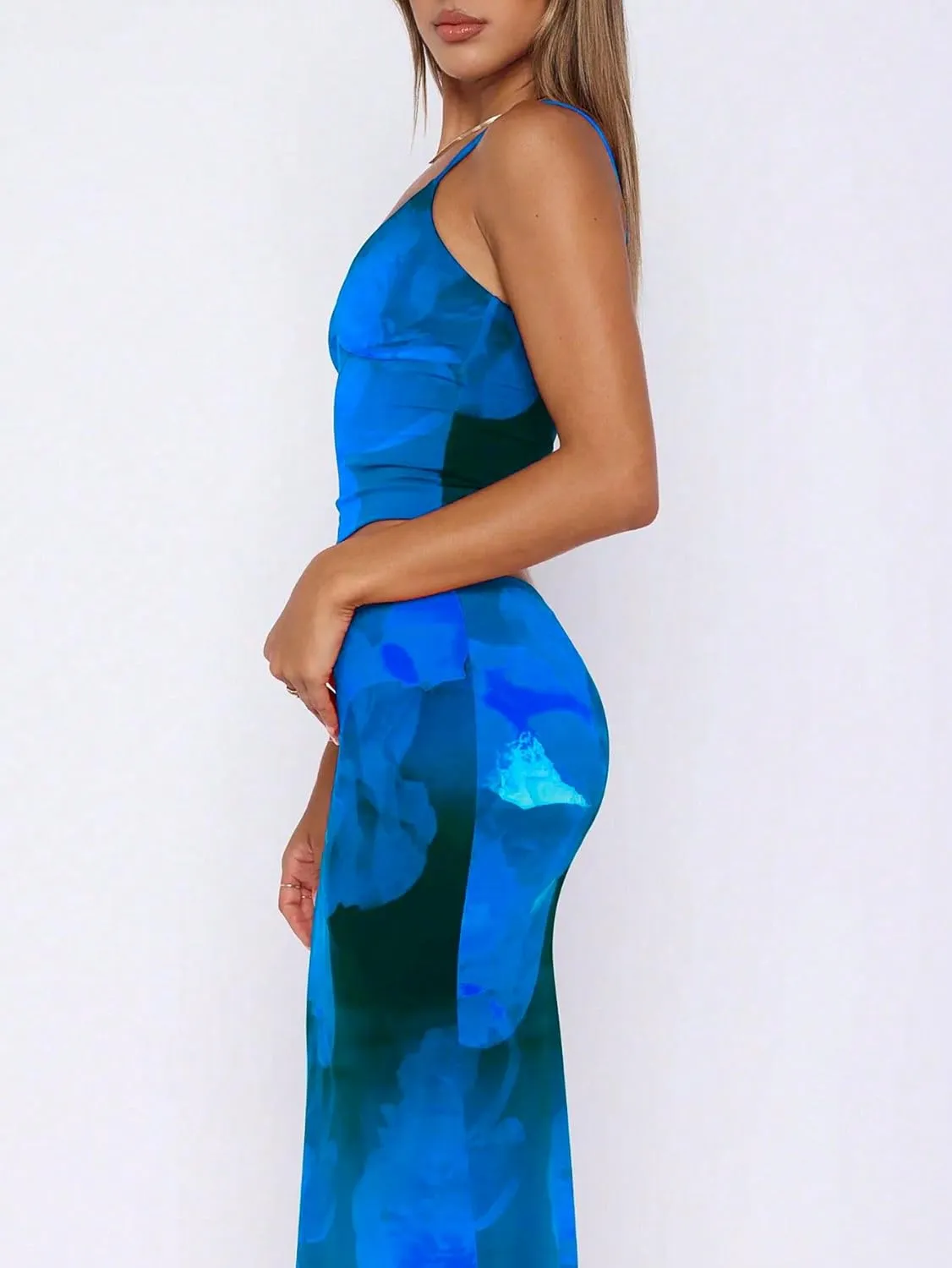 Women's Skirt Sets Summer 2 Piece Outfits Tie Dye Long Maxi Spaghetti Strap Crop Top Floral Print Dresses
