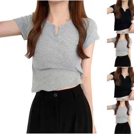 Womens Summer Cute Tops Solid Color V-Neck Short Sleeves T-Shirts Casual Soft Comfy Loose Stretchy Tee Shirts