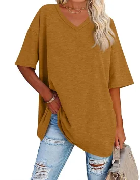 Womens Summer Oversized Shirts V Neck Business Casual Workout Tops Beach Vacation 2025 Gym Clothes Cotton Short Sleeve Tops