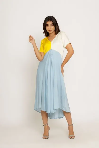 Yellow Ice Blue Color Blocking Dress